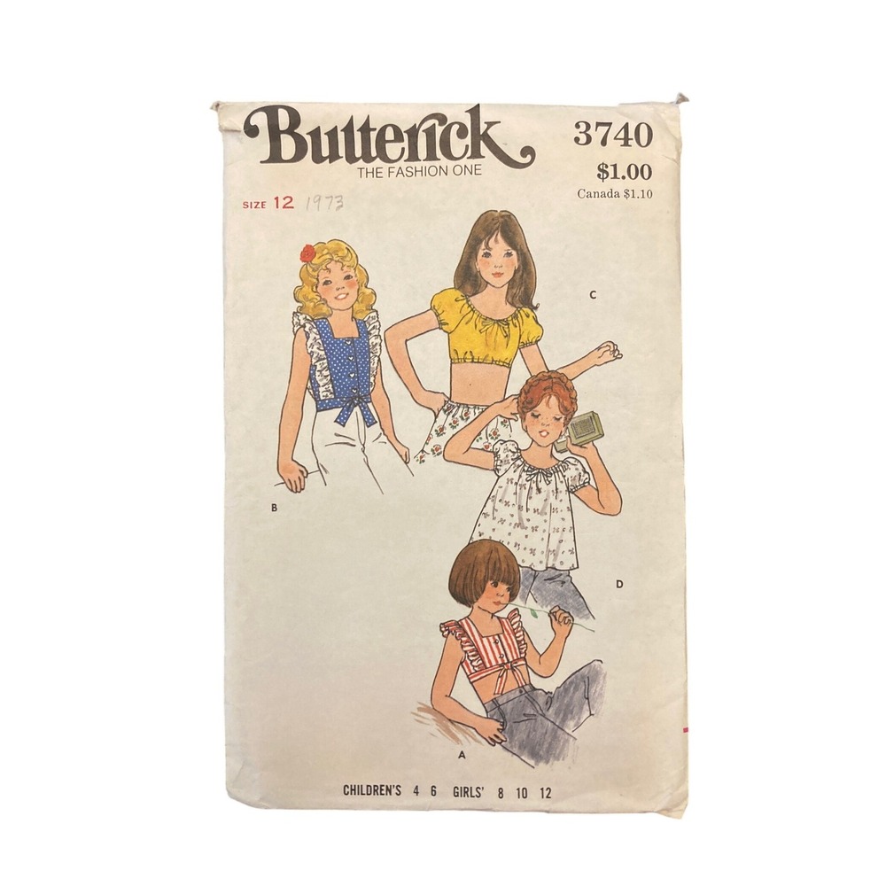 Vintage 1973 Butterick 3740 Girls Blouse Sewing Pattern Size 12 Peasant Top 70s